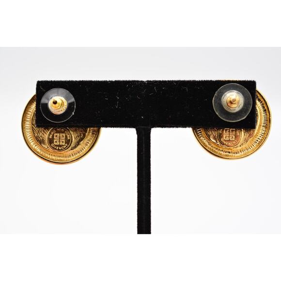 Givenchy Vintage Blue Cabochon Earrings Royal Round Gold Chunky Signed 80s Bin4 - Picture 11 of 12